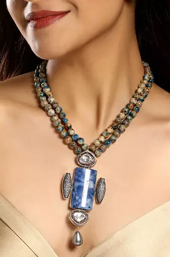 Gold plated kundan blue stones necklace set