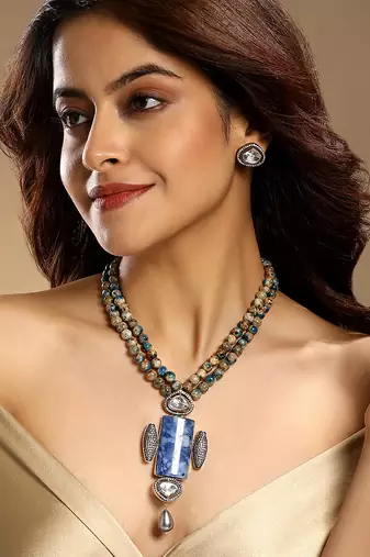 Gold plated kundan blue stones necklace set