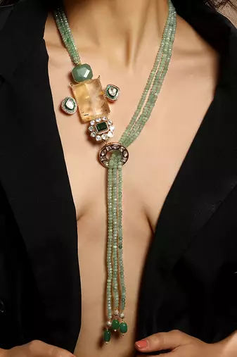 Gold plated kundan green stones beaded necklace