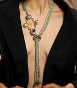 Gold plated kundan green stones beaded necklace