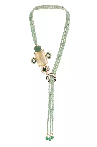 Gold plated kundan green stones beaded necklace