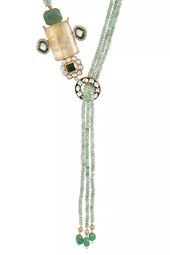 Gold plated kundan green stones beaded necklace