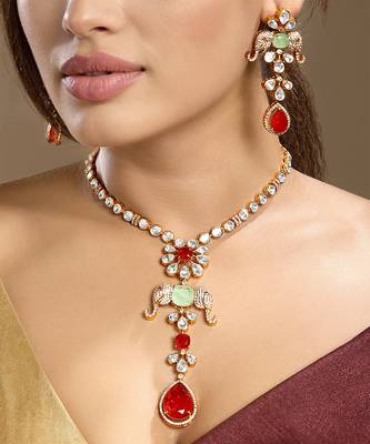 Gold plated kundan red stones necklace set 1