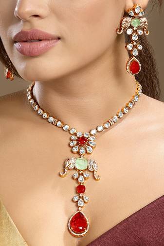 Gold plated kundan red stones necklace set