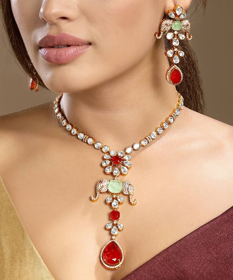 Gold plated kundan red stones necklace set