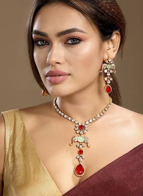 Gold plated kundan red stones necklace set 2