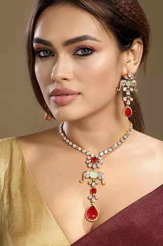 Gold plated kundan red stones necklace set