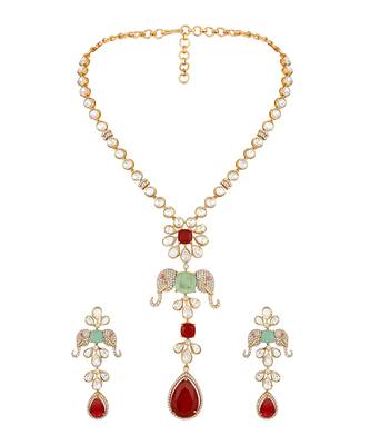 Gold plated kundan red stones necklace set 3