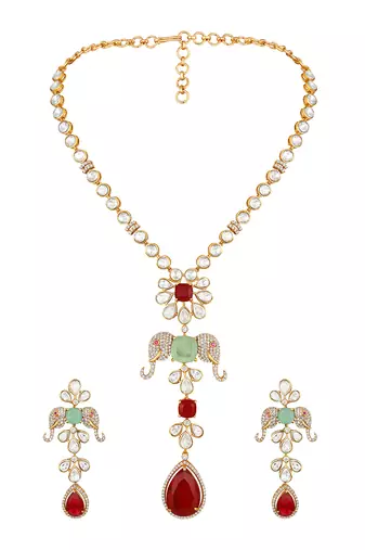 Gold plated kundan red stones necklace set