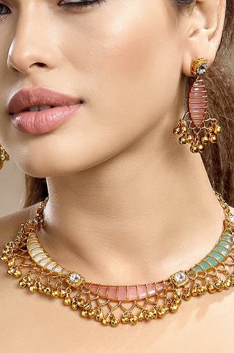 Gold plated kundan multicolor stones necklace set