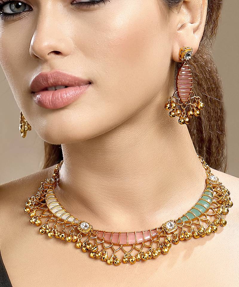 Gold plated kundan multicolor stones necklace set
