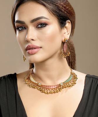 Gold plated kundan multicolor stones necklace set 2