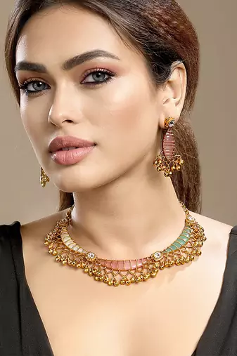 Gold plated kundan multicolor stones necklace set