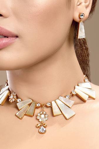 Gold plated kundan white stones necklace set