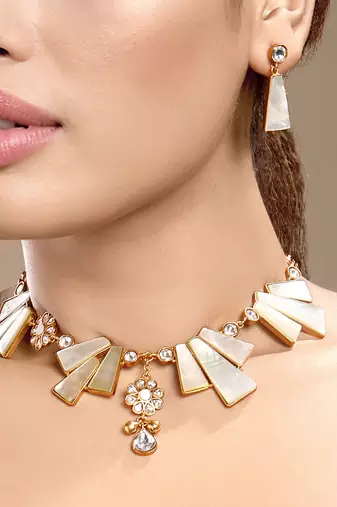 Gold plated kundan white stones necklace set