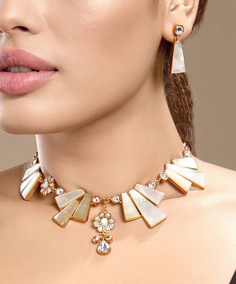 Gold plated kundan white stones necklace set