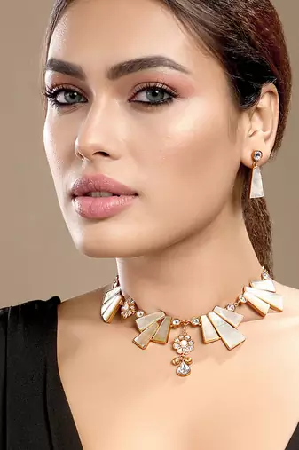 Gold plated kundan white stones necklace set