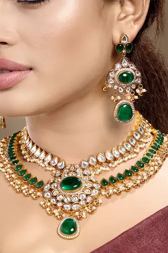 Gold plated kundan green stones necklace set