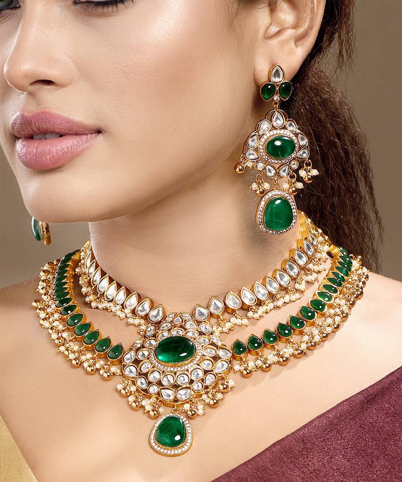 Gold plated kundan green stones necklace set