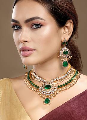 Gold plated kundan green stones necklace set 2