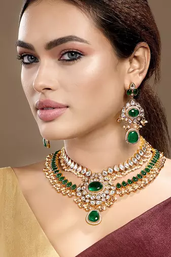 Gold plated kundan green stones necklace set