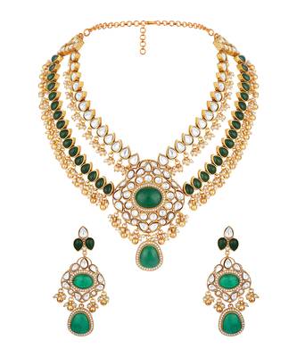 Gold plated kundan green stones necklace set 3