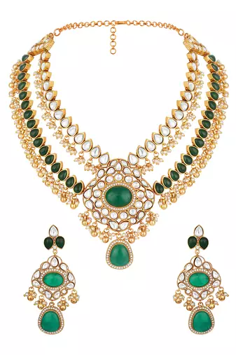 Gold plated kundan green stones necklace set