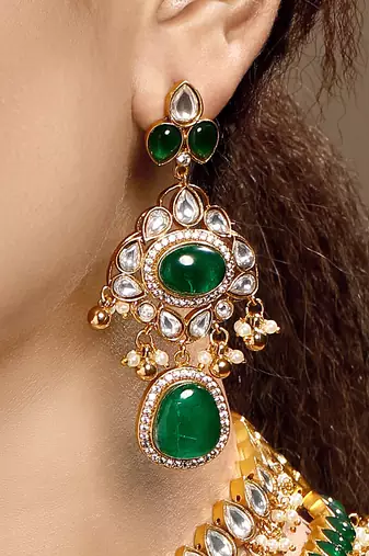 Gold plated kundan green stones necklace set