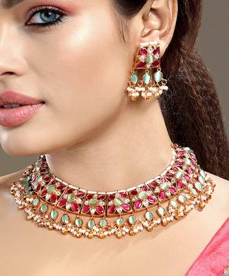 Gold plated kundan multicolor stones necklace set 1