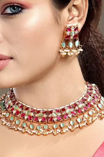 Gold plated kundan multicolor stones necklace set