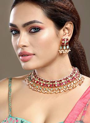Gold plated kundan multicolor stones necklace set 2