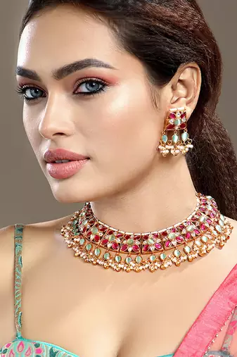 Gold plated kundan multicolor stones necklace set