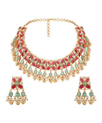 Gold plated kundan multicolor stones necklace set 3