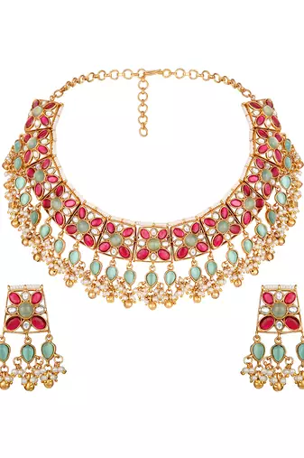 Gold plated kundan multicolor stones necklace set