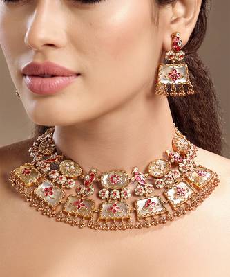 Gold plated kundan red stones necklace set 1