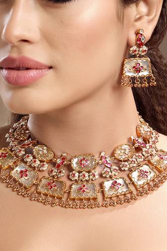 Gold plated kundan red stones necklace set