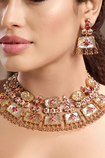 Gold plated kundan red stones necklace set