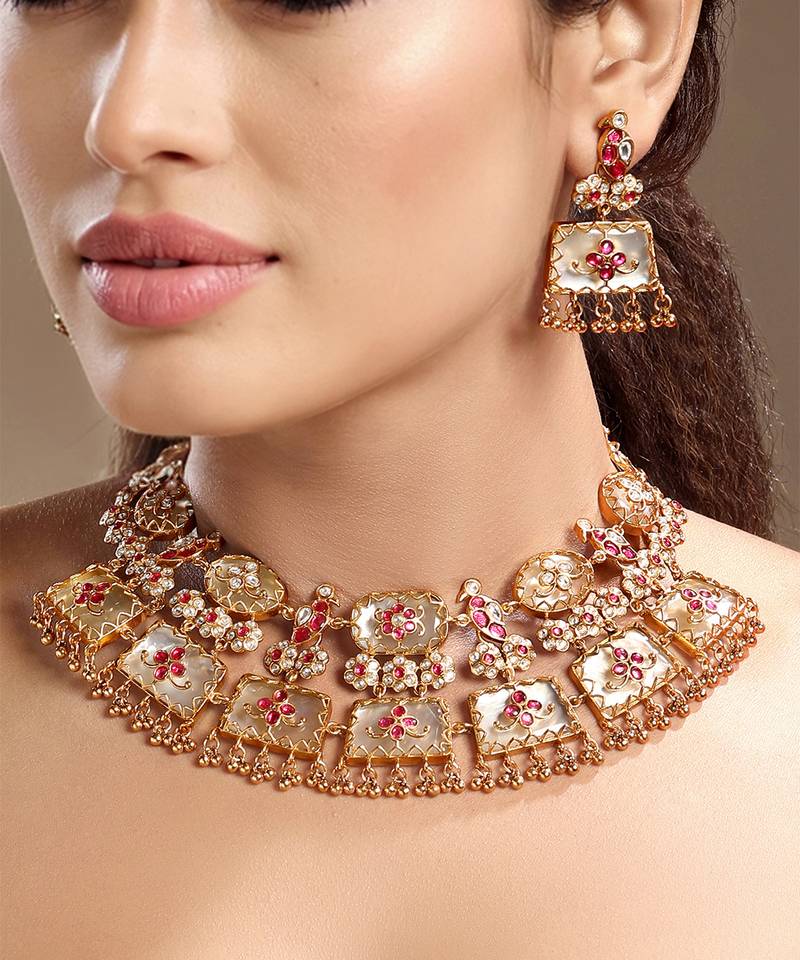 Gold plated kundan red stones necklace set