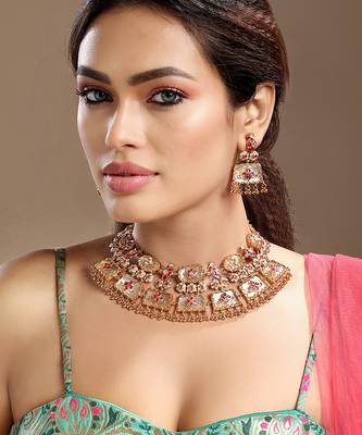 Gold plated kundan red stones necklace set 2