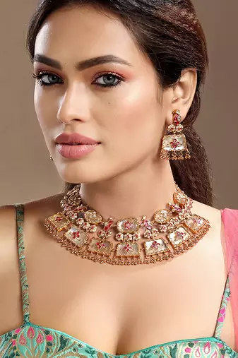 Gold plated kundan red stones necklace set