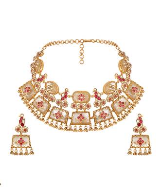 Gold plated kundan red stones necklace set 3
