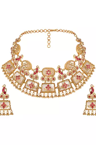 Gold plated kundan red stones necklace set