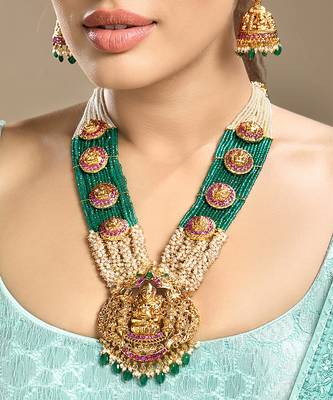 Gold plated temple green stone long necklace set 1