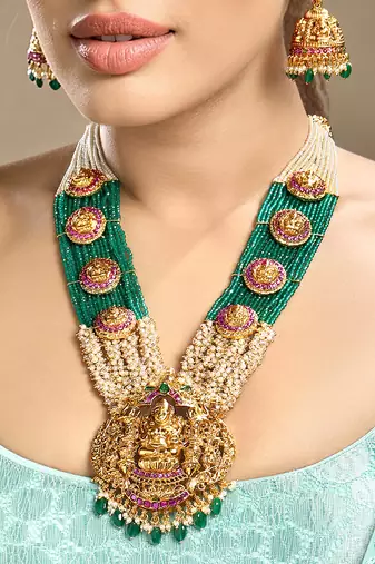 Gold plated temple green stone long necklace set