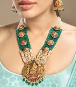 Gold plated temple green stone long necklace set
