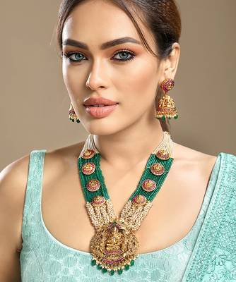 Gold plated temple green stone long necklace set 2