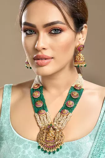 Gold plated temple green stone long necklace set
