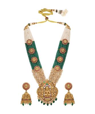 Gold plated temple green stone long necklace set 3