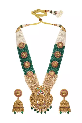 Gold plated temple green stone long necklace set