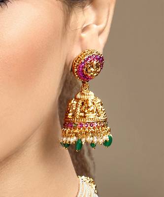 Gold plated temple green stone long necklace set 4